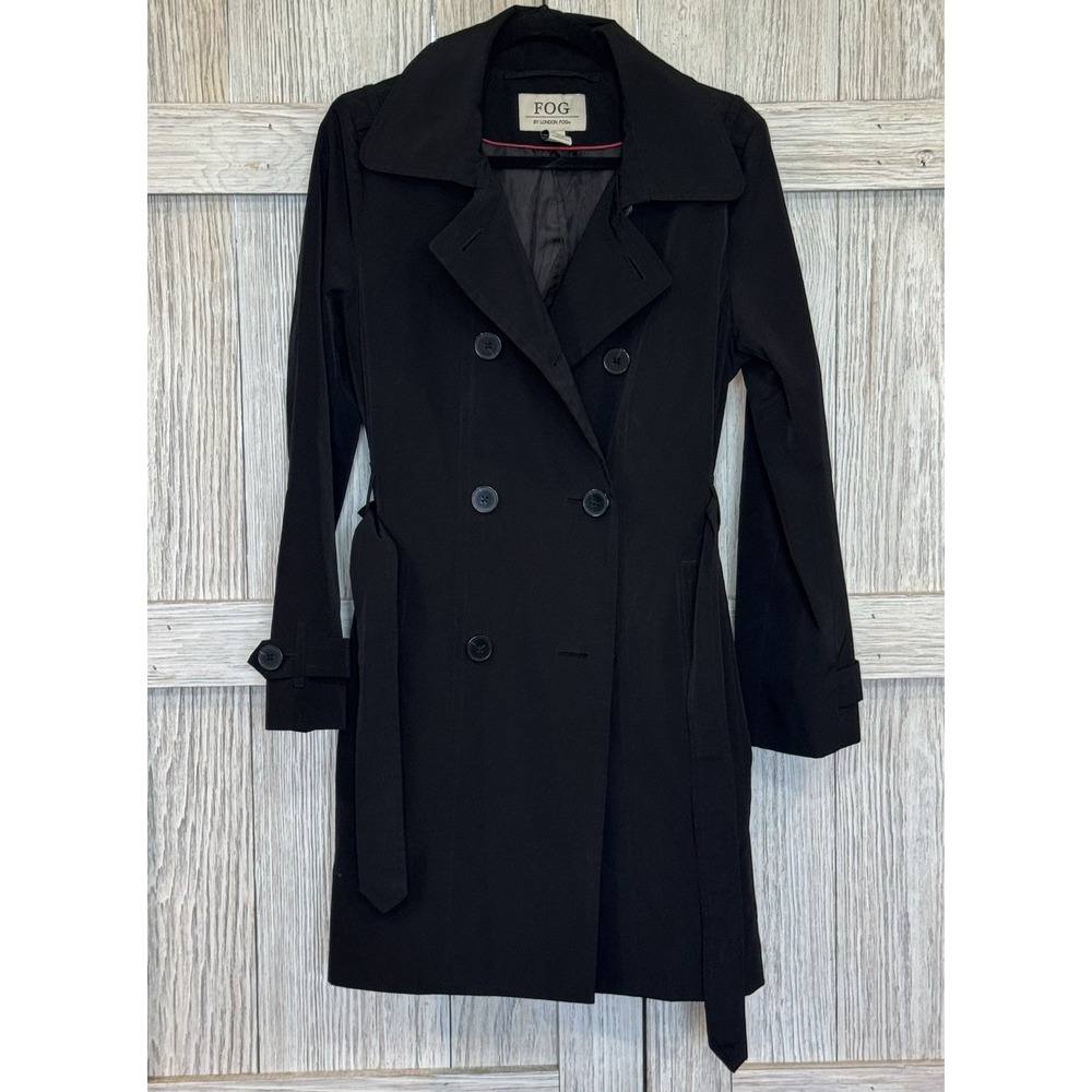 London Fog Womens Double Breasted Trench Coat M Black Belted Rain Jacket